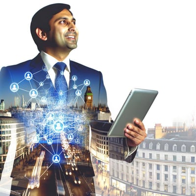 Double exposure of success businessman using digital tablet with london building and social media diagram
