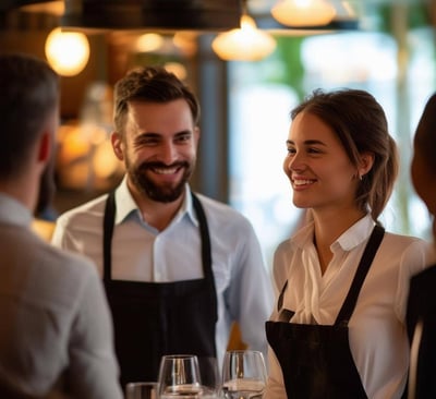 Men and woman guest services talking to guests in front of her, with a smile, in a restaurant-1-1 Men and woman guest services talking to guests in front of her, with a smile, in a restaurant-1-1