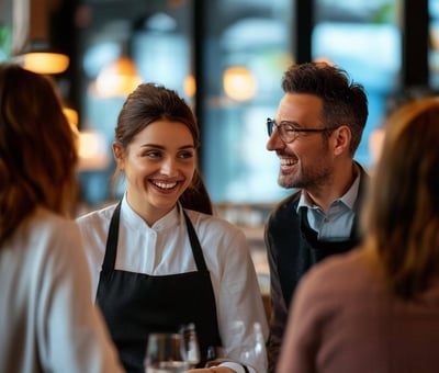 Men and woman guest services talking to guests in front of her, with a smile, in a restaurant-4-1