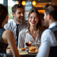 Men and woman guest services talking to guests in front of her, with a smile, in a restaurant-Oct-25-2024-11-31-59-2576-AM