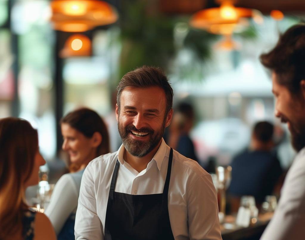Men guest services talking and help guests in front of her, with a smile in a restaurant-2-1