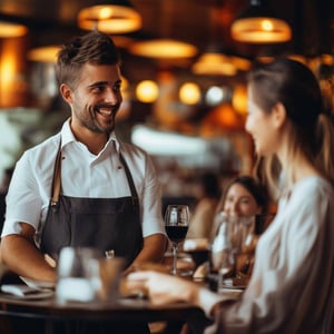 Men guest services talking and help guests in front of her, with a smile in a restaurant-Oct-25-2024-11-31-58-9168-AM