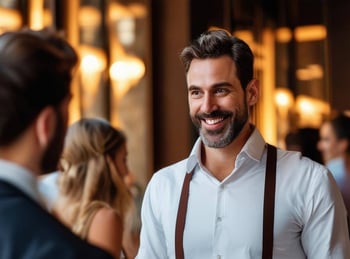 Men guest services talking to guests in front of her, with a smile-2