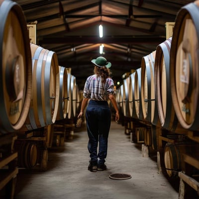 Person in wine production with barrels, garrafas de vinho-1