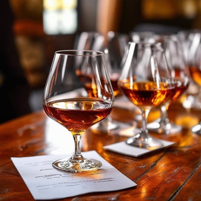 Table with brandy glasses, tasting notes, and an instructor