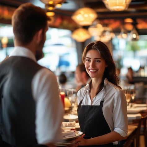 Women and men guest services talking and help guests in front of her, with a smile in a restaurant