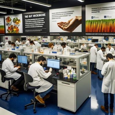 hightech nutrition lab with researchers studying the gut microbiome, analyzing plantbased diets, creating personalized nutrition plans, and utilizing-1